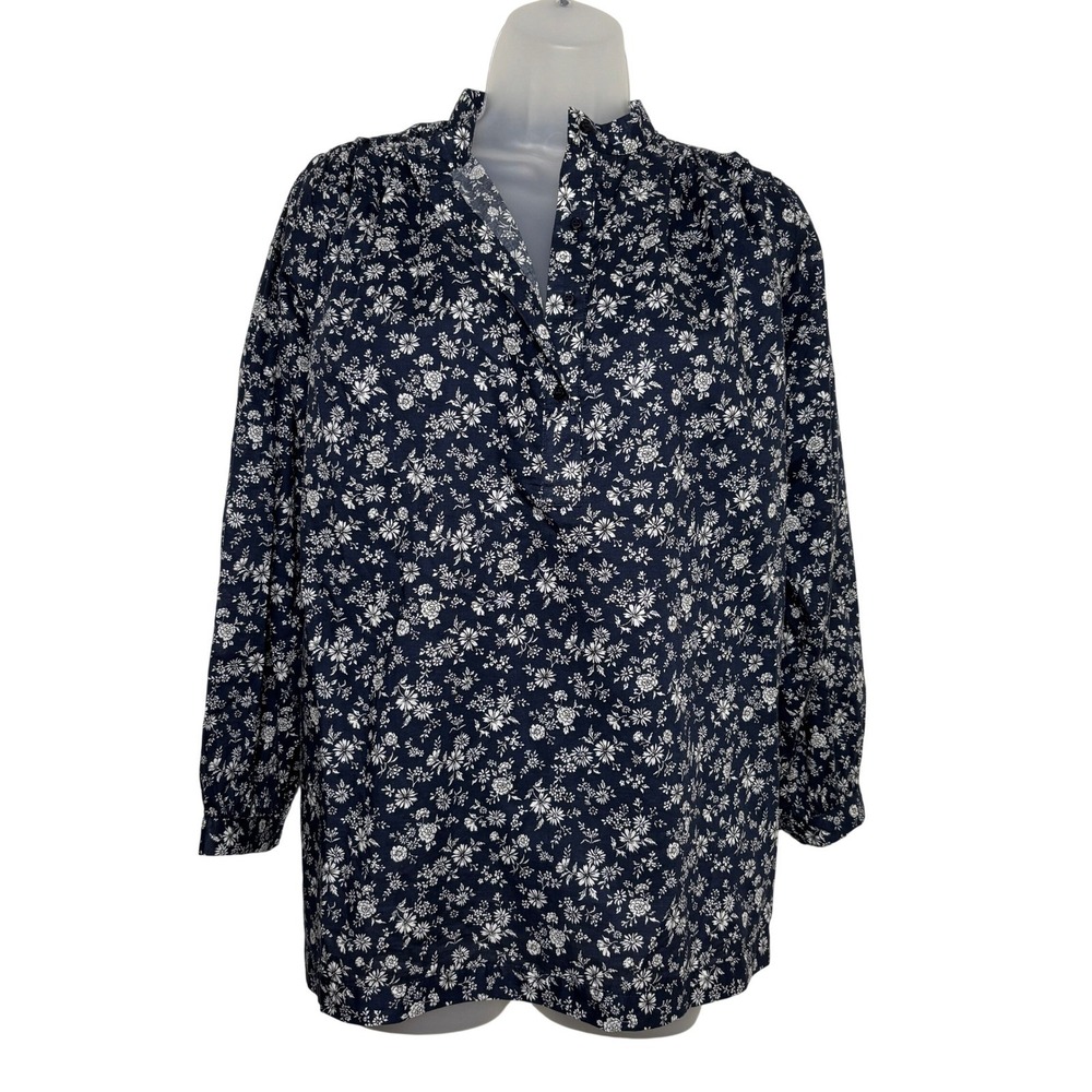 Story Navy Blue Floral Popover Button Up Long Sleeve Tunic Blouse Top Women's S